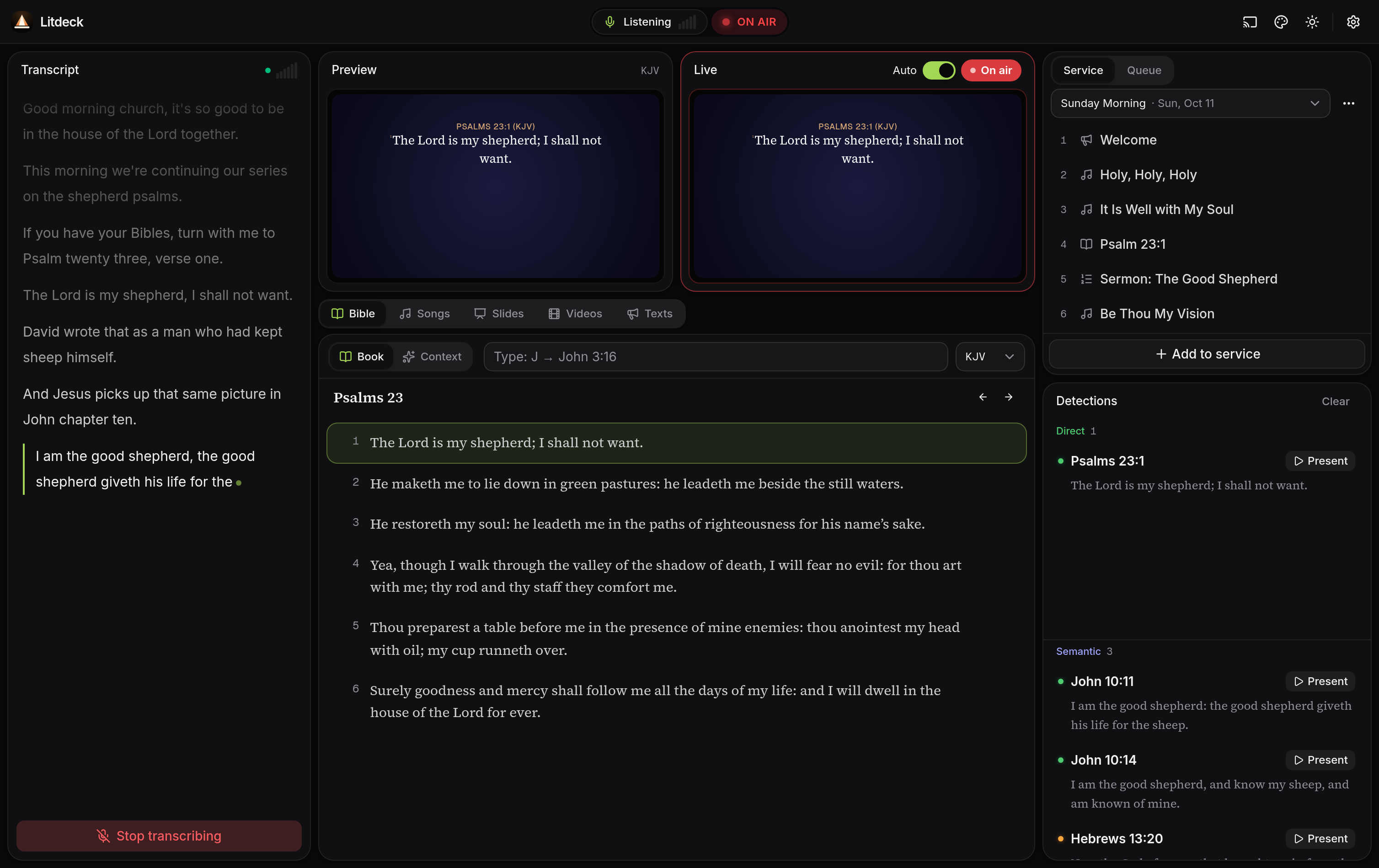 Litdeck desktop app during a sermon: transcript on the left, Preview and Live with the Bible panel in the centre, the service order and detections on the right